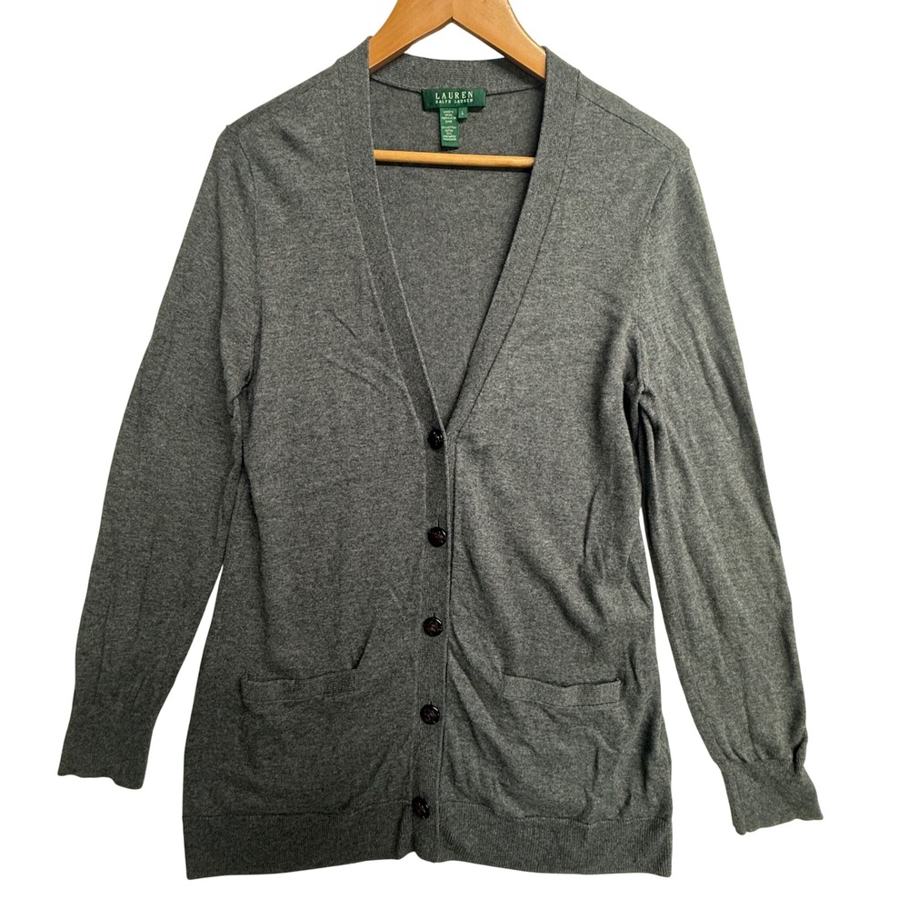 Lauren Ralph Lauren Cardigan Sweater Gray Cashmere Cotton Button Front Womens L